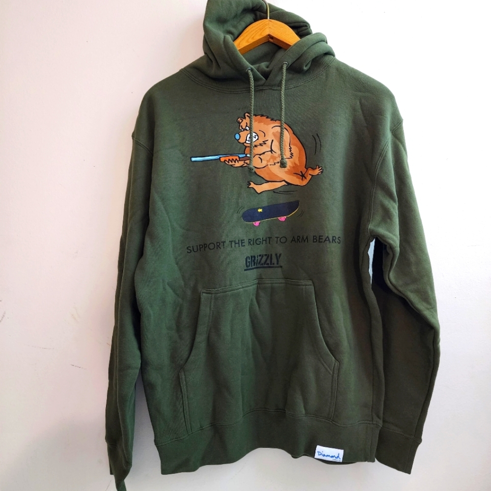 GRIZZLY Griptape X Diamond Hoodie Sweatshirt Right to Arm Bears Olive Green M